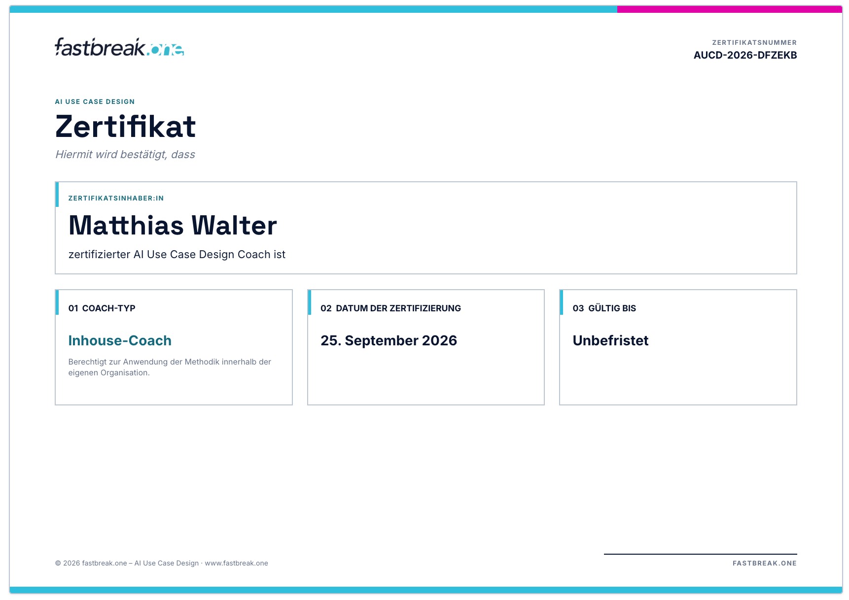 Beispiel-Zertifikat AI Use Case Design Coach