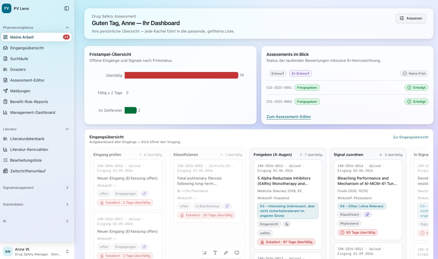PV Lens — Dashboard mit Fristampel, Assessments und Eingangsübersicht