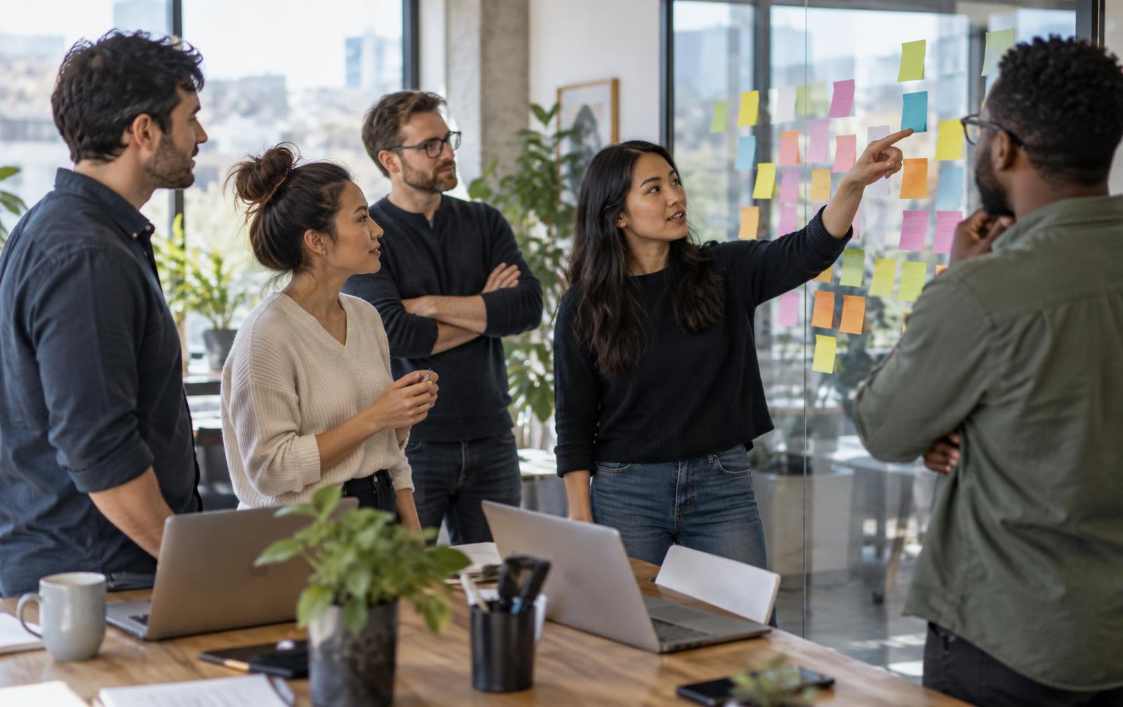 Team clustert Use-Case-Ideen an einer Glaswand