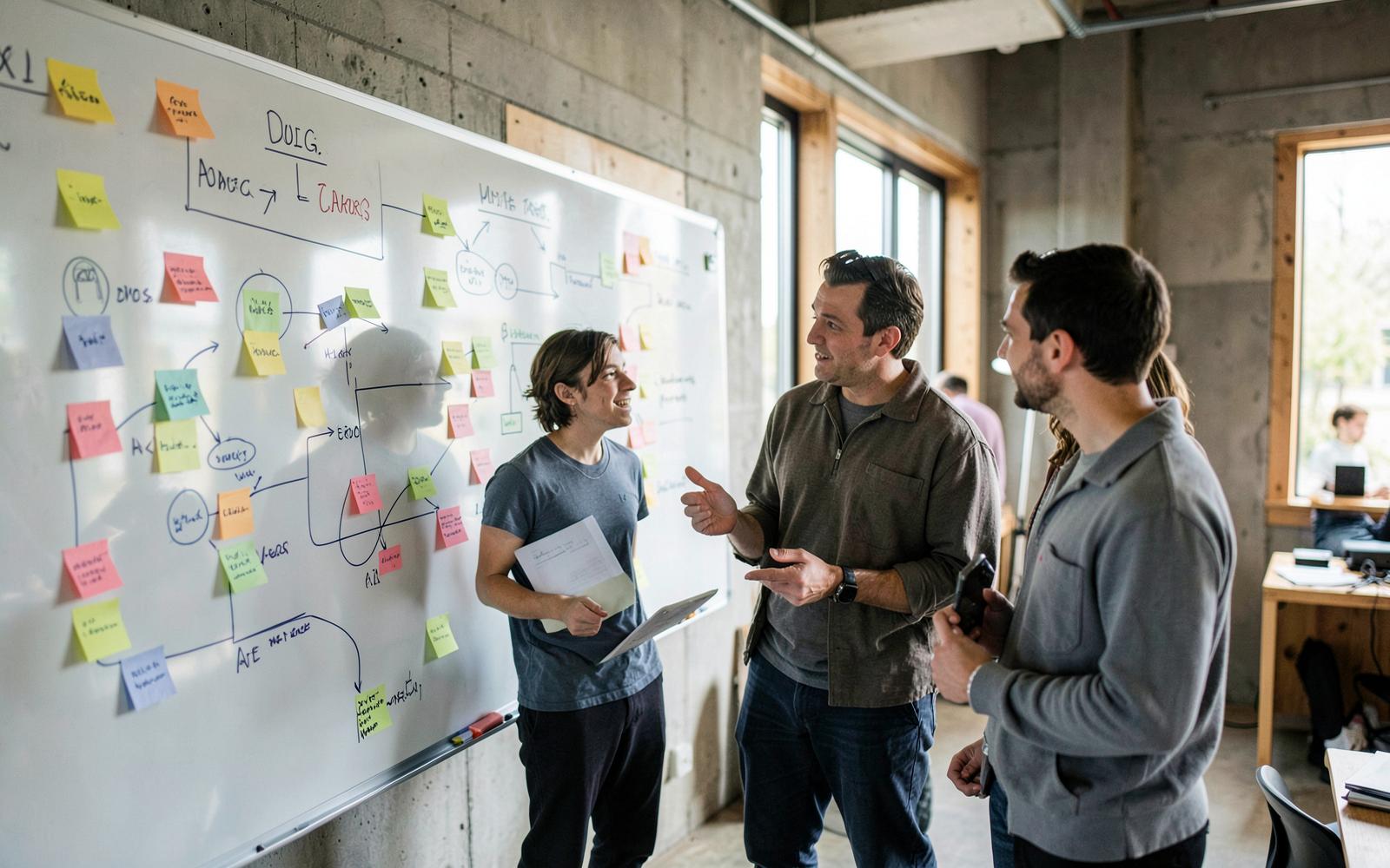 Team bespricht Prozesse und Marktveränderungen an einem Whiteboard